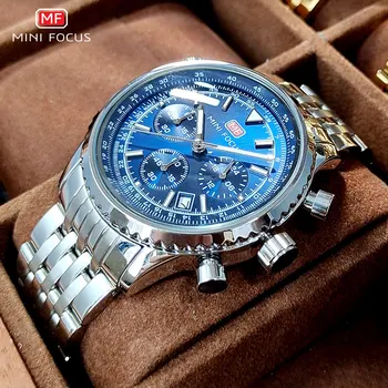 MINI FOCUS Argintiu Albastru Cuarț Ceas pentru Bărbați Impermeabil 24-ore Cronograf Ceas de mână cu Auto Data din Oțel Inoxidabil Curea 0463