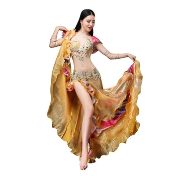 Lucrate manual cu Margele Broderie Sutien Fusta Centura 3pcs Set Margele Femei Oriental Belly Dance Costum de Aur de Performanță