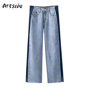 Artsnie Streetwear Side Stripe Pantaloni Din Denim Cu Talie Înaltă Albastru Blugi Casual De Vara 2021 Epocă Split Rupt Pantalonii Femme