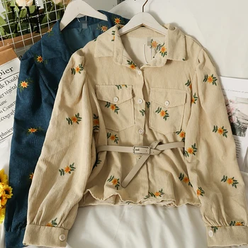 YornMona Florale de Imprimare de Moda Harajuku pantaloni de Catifea cord Shirt Femei Casual cu Maneci Lungi, Buzunare Singur pieptul Bluza Topuri cu Centura