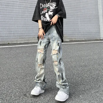 Stil japonez Bărbați Vintage Rupt Blugi Unisex de sex Masculin Și de sex Feminin Hip-Hop Graffiti Printting Slim Denim Pantaloni Streetwear