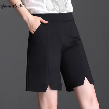 CONFORTABIL M-9XL Femei pantaloni Scurți de Vară Talie Elastic Dimensiuni Mari de Culoare Solidă Simplu Largi Picior Genunchi Lungime Pantaloni Office Lady