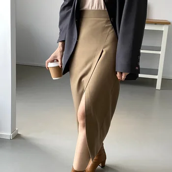 2021 Toamna Femei Fusta de Lungime medie coreeană Stil Elegant Neregulate de Mare Talie Split Vintage Haine de sex Feminin Doamnă Birou
