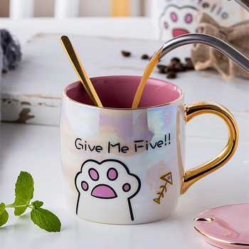 Desene animate Pisica Ceramica Cana Cu Capac si Lingura de Cafea cu Lapte Cani Creative Drăguț mic Dejun Cupa Nunta Ziua Îndrăgostiților Cadou de Ziua de nastere