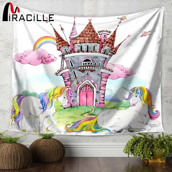 Miracille Desene Animate Cu Unicorn Rainbow Castle Tipărite Tapiserie De Perete Camera Copii Agățat De Perete Tapiserii Moroccan Decor Canapea Scaun De Acoperire
