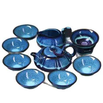 Un set complet de ceramică Tianmu picătură de ulei albastru Po glazura se acoperă vasul set de ceai
