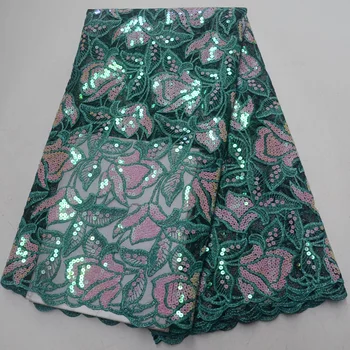 (5yards/pc) de înaltă calitate din Africa franceză net dantela tesatura in culoare verde cu paiete stralucitoare broderie pentru rochie de petrecere FLP996