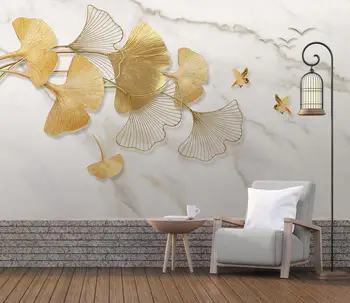 Beibehang gazete de perete decor acasă Moderne de moda de lux lumina de aur frunze de ginkgo pasăre care zboară model de marmură Foto tapet 3d