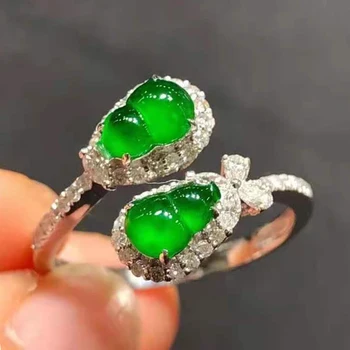 Noul design gheață naturală verde calcedonie dublu tărtăcuță inele pentru femei deschidere reglabil clasic stil Chinezesc farmec bijuterii