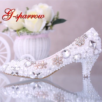 Luxos, Elegant, Imitatie Perla Rochie de Mireasa Pantofi de Mireasa Cristal de diamant Mijlocul pantofi cu Toc Femei Lady Pantofi Rochie Alb