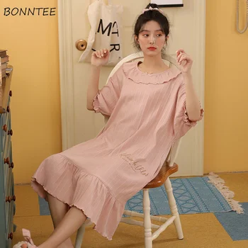 Cămăși de noapte pentru Femei Volane Homewear Solid de Agrement Simplu Kawaii Vară Stil coreean Dulce O-gât Moale Pijamale Femei Chic Ins