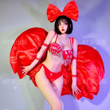 Ziua de Anul nou Cantareata Costume Roșii Costum Bikini Papion Frizură Panou Modern, Dans Pol Haine Rave Tinutele DWY8630