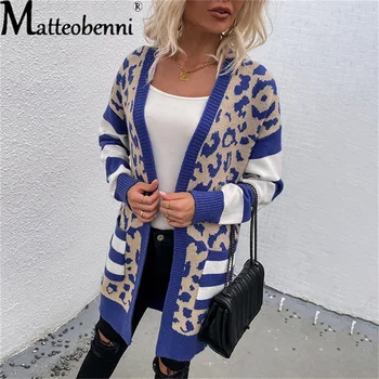 Leopard de Imprimare Cardigan Tricotate Femei cu Maneci Lungi Buzunar Toamna Iarna Pulovere Lungi de Moda 2021 Doamnelor Liber Casual Maxi Coat