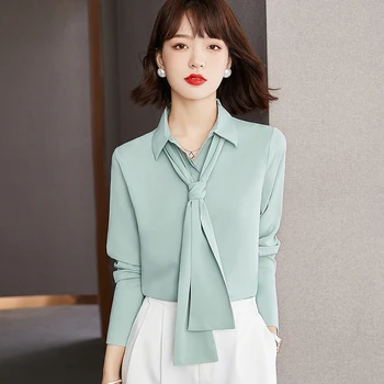 Femei De Moda Bluze 2022 Solid Chic Șifon Cămașă De Femeie Coreean Maneca Lunga Panglică Cravată Albastră De Afaceri De Tricouri Si Topuri De Sex Feminin