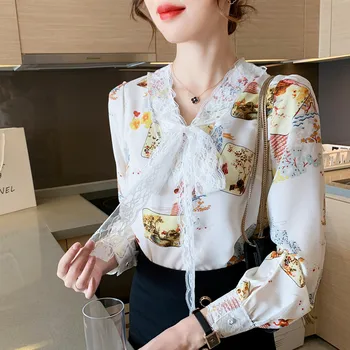 2022 Primăvară Nouă Femei Șifon Bluza Imprimeu Floral Maneca Lunga Femei, Plus Dimensiune Bluza De Dantelă Papion Guler Topuri Femeile Blusa Mujer