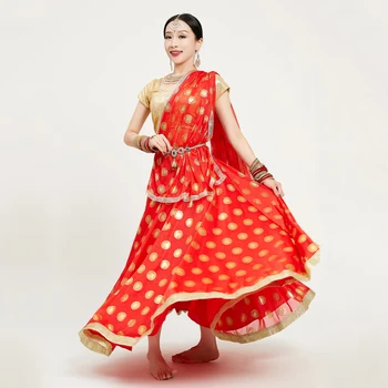 Dans Indian Costum Bollywood Stadiu de Dans de Performanță Costum Saree Roșu Fusta Haine de Aur Topuri Dans Oriental Îmbrăcăminte DQL7582