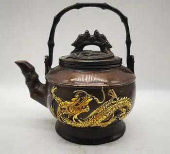 Colecție Populară Chineză Cupru Bronz Aurire Dragon Sticla Ceainic Carafă Oală Statuie