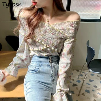 Maneca Lunga Bluze Femei Slash Gât Sexy Lady Vară De Moda De Epocă Mozaic Slăbire Design Harajuku Stil Coreean Topuri Chic