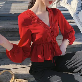 moda feminina designer de tricouri de vară stil de brand de moda pentru femei cu maneca lunga bluze topuri de cultură V-neck blusas vetement femme noi