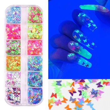 12 Grile/cutie Fluture Colorat Fluorescență Paiete Decoratiuni de Arta Unghiilor cu Laser Sclipici Fulgi de Manichiură Accesorii de Design