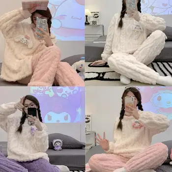 Kawaii Sanriod Anime Hobby-Ul Meu Melodia Kuromi Cinnamoroll Iarna Jacquard Fleece Termic Pijamale Doamnelor Homewear Set De Două Piese