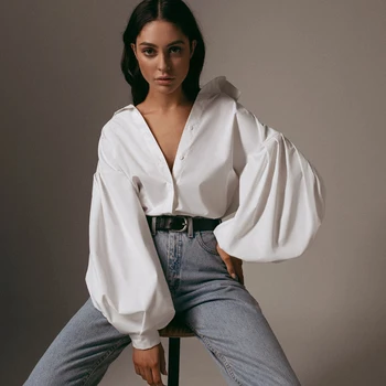 Vânzare Fierbinte Noi De Bluze Pentru Femei Felinar Maneca Rever Moda Streetwear Cămăși Albe Casual Sălbatice Liber Slim Buton Simplu Solid Shirt