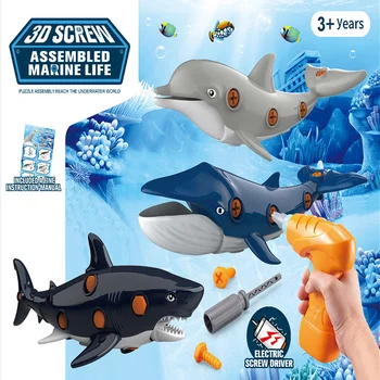 Copii Puzzle Bloc Jucării Electrice De Foraj Șurub Piuliță Asambla Ocean Model De Balenă, Delfin Copii Cadouri Copii 3+