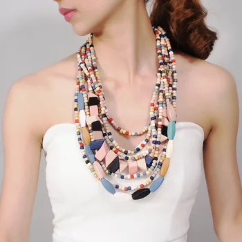 Multistrat Șirag De Mărgele De Lemn Cravată Coliere Pentru Femei Lucrate Manual Cu Margele Pandantiv Declarație Colorate Colier Moda Bijuterii Boemia