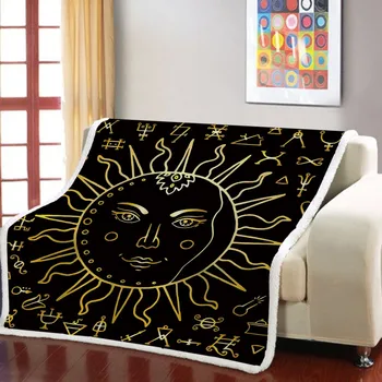 Stilul boem Pătură pe Fundal Negru 3d Soare Imprimare de Lână Pătură pentru Copii Adulți pui de Somn Birou, Canapea, Pătură