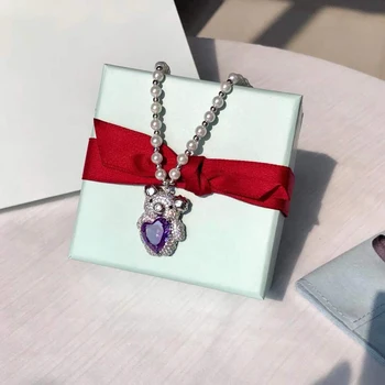Argint 925 pavé zirconiu violet strălucitor gem urs colier estetice drăguț fată romantică inima de design de bijuterii perla cadou