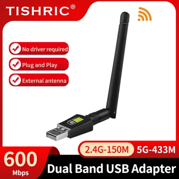 TISHRIC Dual-Band Usb Wifi Adaptor placa de Retea Wifi 5 ghz 600Mbps&2.4 GHz Pentru PC, Laptop Antena Wifi USB Ethernet Receptor