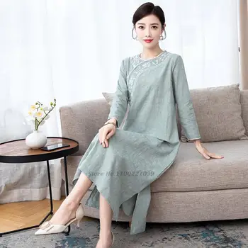 2022 femei vintage cheongsam chineză îmbunătățit qipao rochie retro floare broderie lenjerie de pat din bumbac qipao rochie eleganta de seara