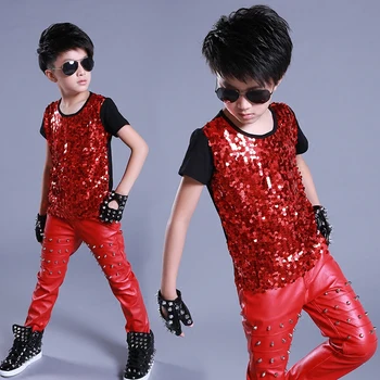 Copii Jazz Dans Costum Boy Short Sleeve Sequin Top, Tricou Hip Hop Haine Copii Moderne de Performanță Dans Tinuta DNV11051