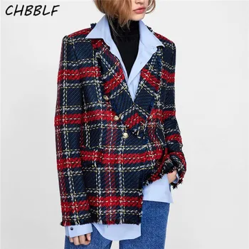 CHBBLF femei chic carouri tweed blazer franjuri canaf maneca lunga haina butoane decor feminin casual îmbrăcăminte exterioară topuri HJH1688