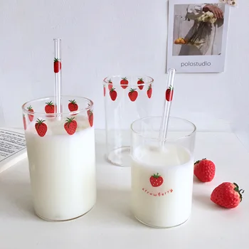 Căpșuni Apa Paie Cana de 300ml Simplu de Sticlă Transparentă Cupa Drăguț Imprimare rezistente la Căldură, Sali de mic Dejun Lapte Ceașcă de Ceai
