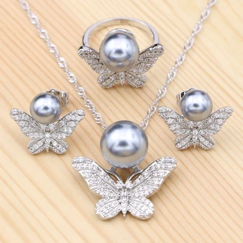 925 de Bijuterii de Argint Kituri Gri Perla pentru Femei, Accesorii de Petrecere Fluture Stud Cercei/Inel/Pandantiv/Colier Set
