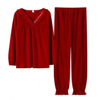 Fdfklak Femei Pijamale Noi 2022 Primavara Toamna Bumbac Maneca Lunga, Costume cu Pantaloni Plus Dimensiune Roșu Mireasa Pijamale 2 Piese Set M-3XL