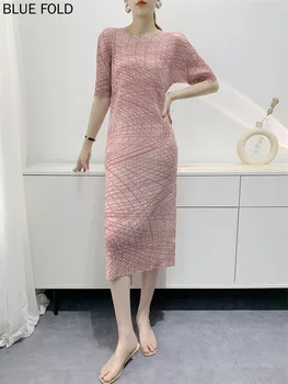 Miyake Cutat Rochie de Vara pentru Femei Noua Linie de Imprimare Fantă Rochie Plisată Temperament Mid-lungime Vestido Halat Femme Vetement
