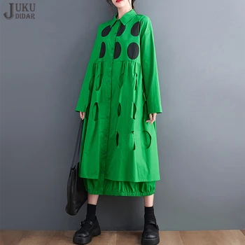 Vrac se Potrivi Dimensiunea Mare Nou Toamna Stil Japonez Femeie Maneca Lunga Camasa Casual Rochie Verde Puncte Negre Imprimate Găuri Rochii JJXD246