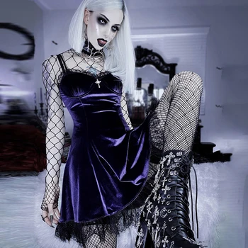 Vintage Violet Rochie de Fată Gotic Lolita Catifea-linie de Moda Rochie de Dantelă Talie Mare sex Feminin Club Rochie de Streetwear