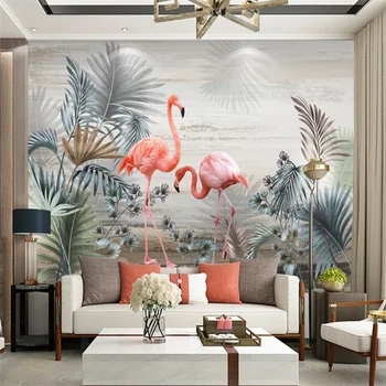 Personalizat Tapet Mural Pictat Nordic Frunze De Plante Flamingo Tv De Fundal Pictura Pe Perete