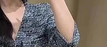 Femei-Tweed Singur Pieptul V-Neck Buzunare Decor Tricotate Rochie Mini