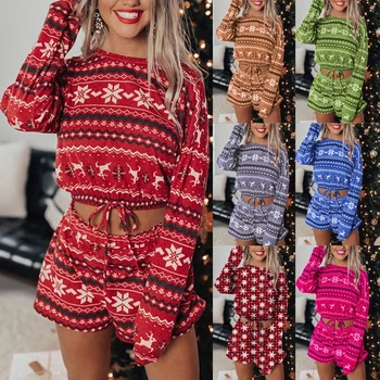 2022 Noi Femeile Crăciun Hanorac Seturi Maneca Lunga de Sus a Culturilor pantaloni Scurți 2 buc de Crăciun Fulg de nea Print Knit Toamna Homewear Moda Casual