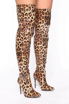 2021 Sexy Leopard-Print Oglindă Cizme Etapă De Moda Stiletto Cu Fermoar Spate A Coapsei-Lungime Cizme Cizme De Iarna