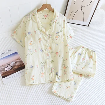 100% Bumbac Pijama Set Pentru Femei Nou Primavara-Vara Floral Mic Dublu De Tifon Îmbrăcăminte De Noapte Cu Maneci Scurte Pantaloni Lungi Simplu Sleepwear