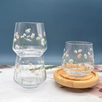 360ML Flori Cupe de Sticlă Burta cana de cafea Mici Daisy Transparent cana Pahar de Apă de Mare Capacitate Iaurt Lapte Ceai urs Cana cadou