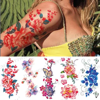 Flori colorate Tatuaje Temporare Autocolante Pentru Femei Henna Autocolant Tatuaj Fals rezistent la apa 3D Floare Doamna Umăr DIY Tatuaje