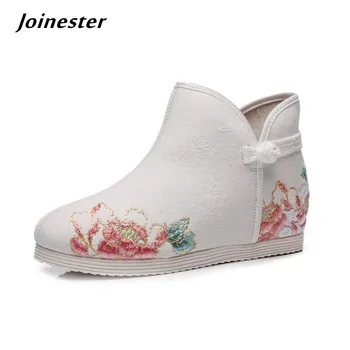 Broda Glezna Cizme pentru Femei Chineze Hanfu Pantofi Femei Tradiționale Butonul Pană Călcâi Scurt Papuceii Tesatura de Bumbac Doamnelor Pantofi