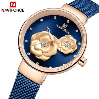 NAVIFORCE doamnelor ceas de brand de top a crescut de aur albastru doamnelor cuarț ceas pentru fete Relogio Feminino albastru inchis culoare de potrivire de oțel mine