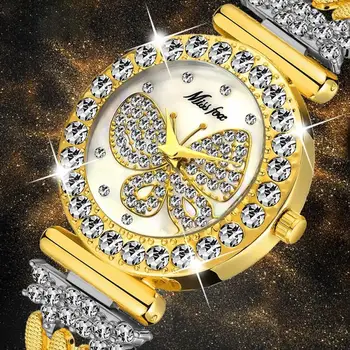 Missfox Fluture Femei Ceasuri de Lux Marca Big Diamond 18K Gold Ceas rezistent la apa Brățară Specială Scump Doamnelor Încheietura Ceas